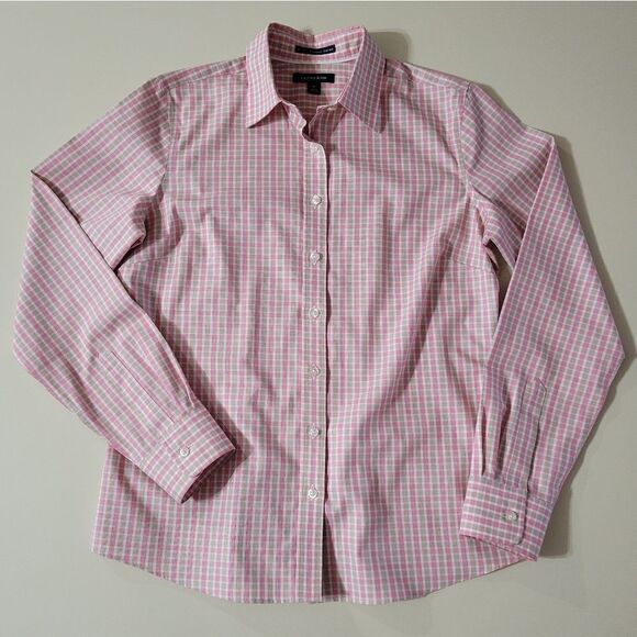Lands' End Women's Pink Plaid Long Sleeve Button-Down No Iron Pinpoint Shirt - Picture 1 of 13